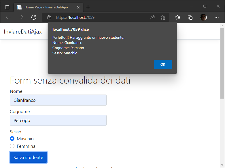 ASP.NET CORE - Invio dei dati al controller con AJAX e convalida dei dati di un form