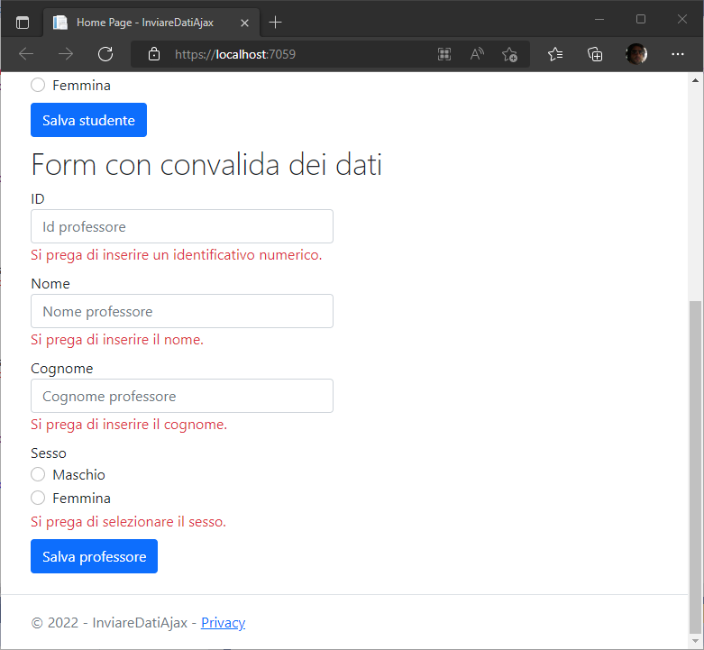 ASP.NET CORE - Invio dei dati al controller con AJAX e convalida dei dati di un form