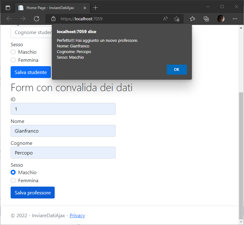 ASP.NET CORE - Invio dei dati al controller con AJAX e convalida dei dati di un form